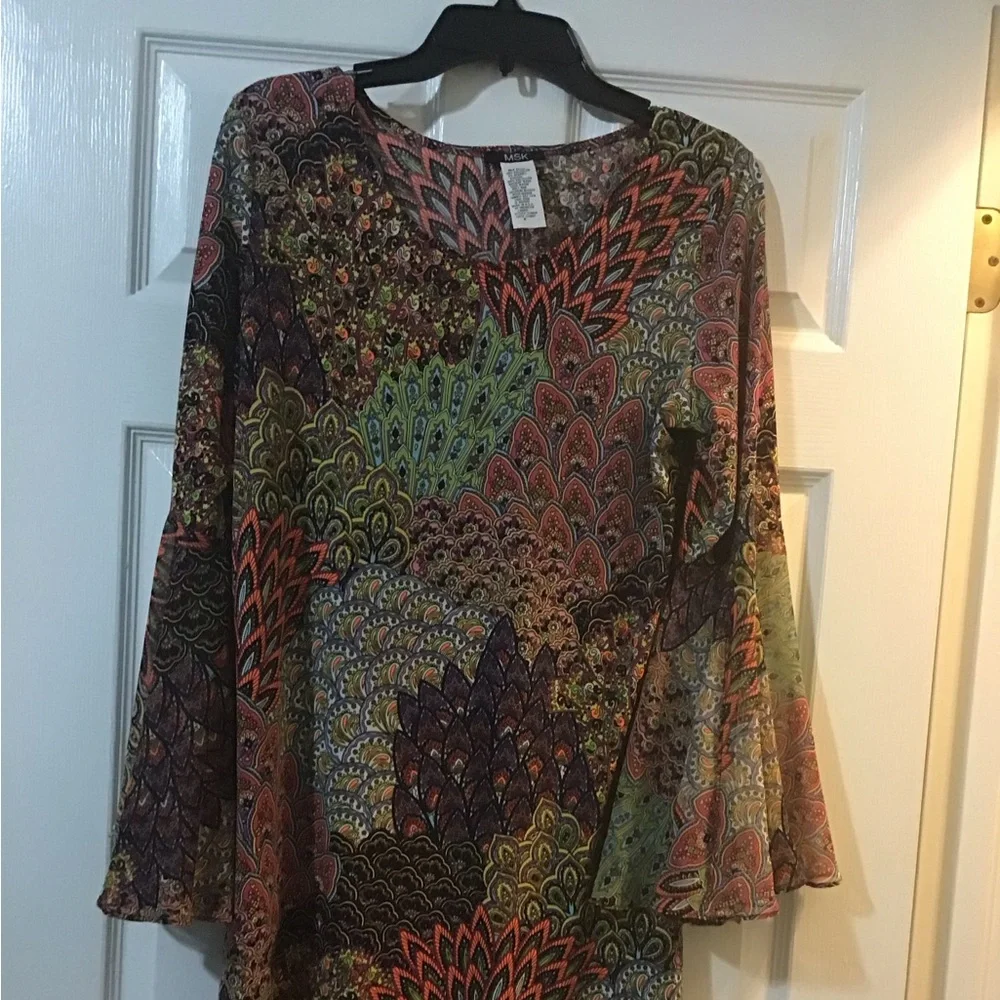 MSK Multicolor Bell-Sleeve Patterned Dress in Coral, Olive & Navy - Picture 1 of 5
